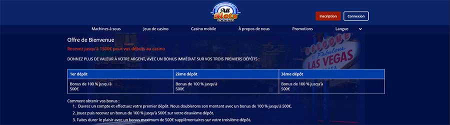 AllSlots casino offre de bienvenue. 